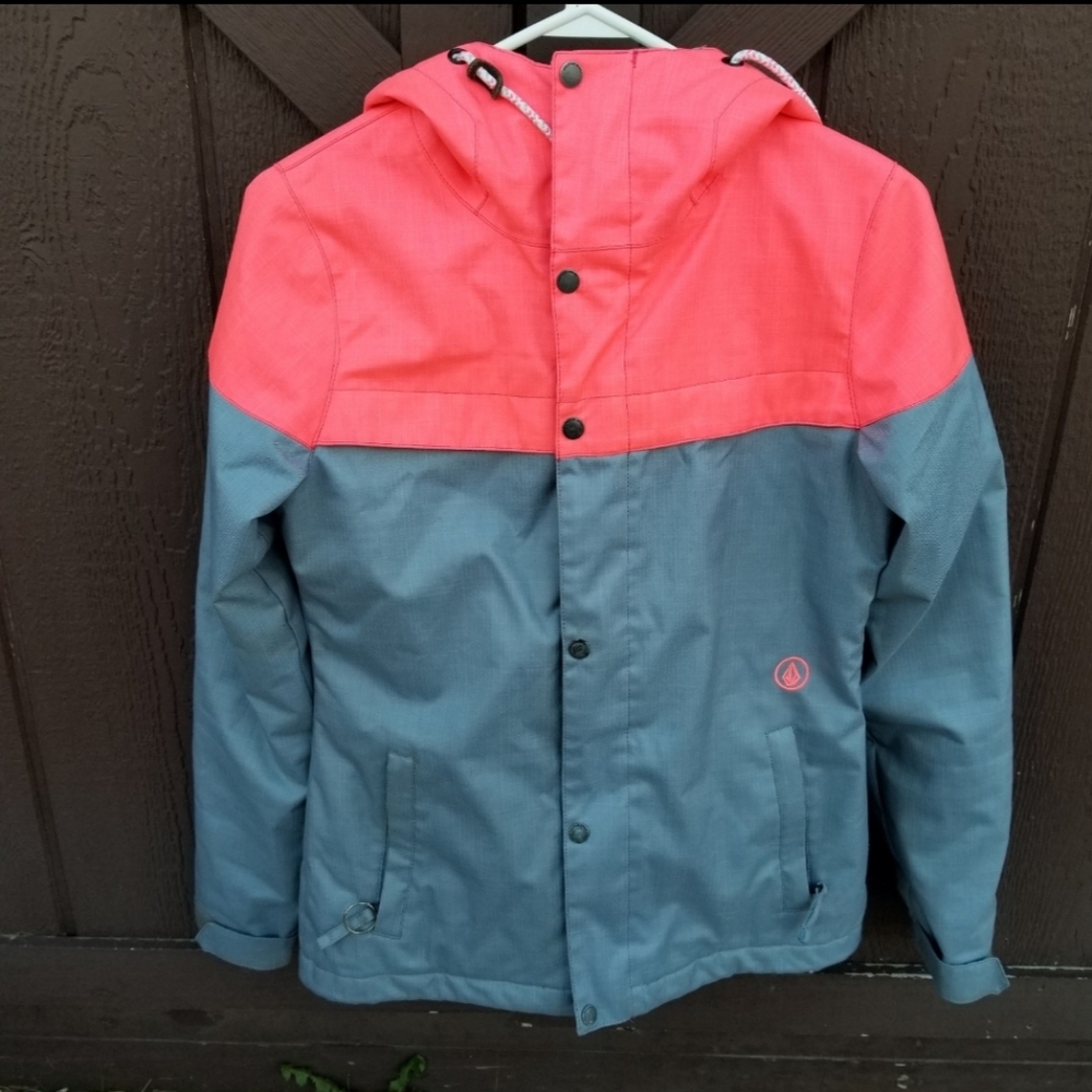 Volcom Snowboard Winter Jacket Women's XS Hooded Colorful Coral & Gray Teal.